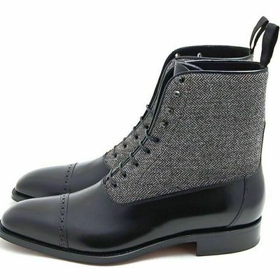 Men handmade two tone cap toe boots men black and gray ankle lace up boots - Thumbnail 5