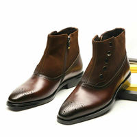 Button Zipper Brown High Ankle Customized Stylish Handmade Brogues Toe Men Boots - Thumbnail 1