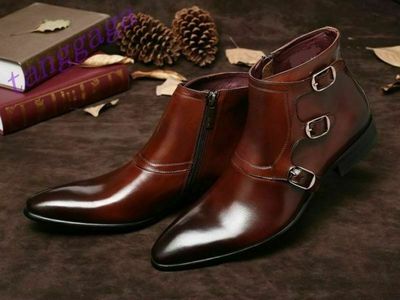 Men Handmade High Ankle Real Leather Boots Genuine Leather Triple Buckles Boots