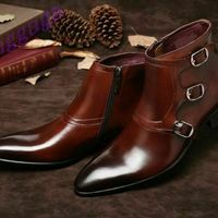 Men Handmade High Ankle Real Leather Boots Genuine Leather Triple Buckles Boots - Thumbnail 1