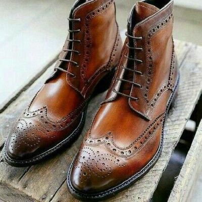 Handmade men's brown leather ankle high brogue boots custom made men boots - Thumbnail 5