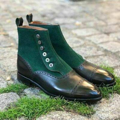 Button green black high ankle customized stylish handmade cap toe men boots - Thumbnail 5