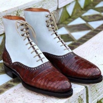 Handmade men brown & white ankle high leather & suede crocodile texture boots - Thumbnail 5