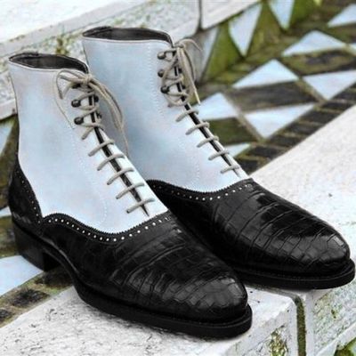Handmade men boots, formal crocodile texture leather suede men black white boot - Thumbnail 4