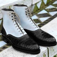 Handmade Men Boots, Formal Crocodile Texture Leather Suede Men Black White Boot - Thumbnail 1