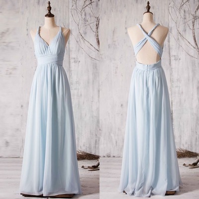 V neck criss cross light blue bridesmaid dresses for wedding party - Thumbnail 4