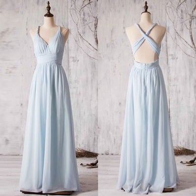 V Neck Criss Cross Light Blue Bridesmaid Dresses for Wedding Party