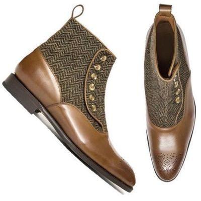 Men brown leather and tweed button boots, men ankle leather button boots - Thumbnail 5