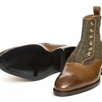 Men Brown Leather And Tweed Button Boots, Men Ankle Leather Button Boots - Thumbnail 2
