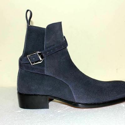 Men's blue handmade suede leather jodhpurs ankle boot tan ankle high buckle boot - Thumbnail 5