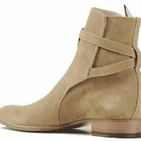 Top Men's Handmade Jodhpurs Ankle Boots Tan Ankle High Buckle Suede Leather Boot - Thumbnail 1