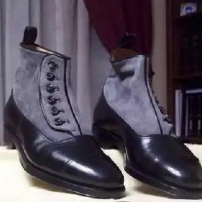 Handmade formal men button boot, men black and gray ankle cap toe leather boot - Thumbnail 5