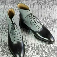 Handmade Men's Two Tone Suede & Leather Boots, Men Black And Gray Boots - Thumbnail 1