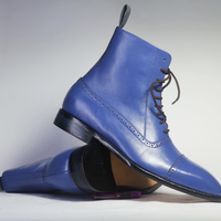 Handmade Blue Ankle High Cap Toe Leather Boot For Men's - Thumbnail 3