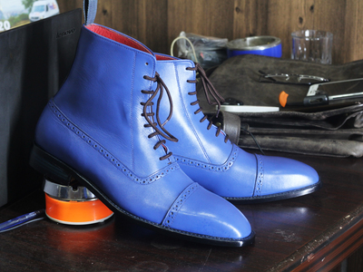 Handmade Blue Ankle High Cap Toe Leather Boot For Men's
