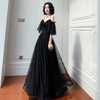 Black Tulle Lace Long Prom Dress Black Evening Dress - Thumbnail 2
