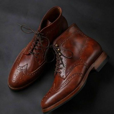 Latest men handmade brown color boots men's lace up wing tip brogue leather boot - Thumbnail 5