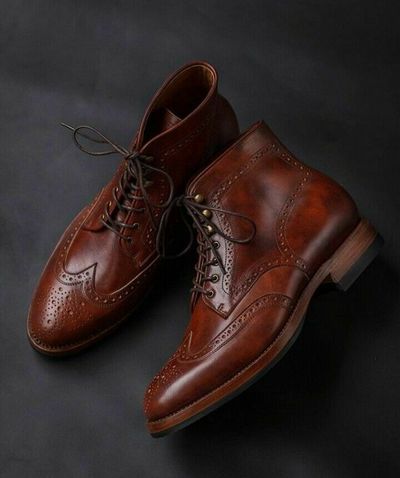 Latest Men Handmade Brown Color Boots Men's Lace Up Wing Tip Brogue Leather Boot