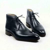 Handmade Mens Fashion Navy blue Color Leather Boots Men Ankle High Chukka Boot - Thumbnail 3