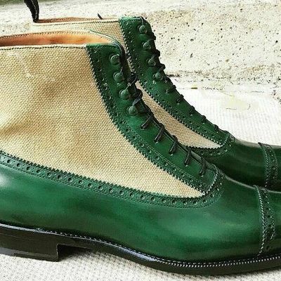 Handmade beige green leather tweed boot, men's cap toe lace up boot - Thumbnail 5