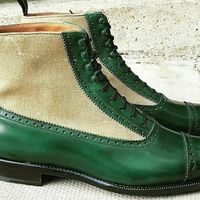 Handmade Beige Green Leather Tweed Boot, Men's Cap Toe Lace Up Boot - Thumbnail 1