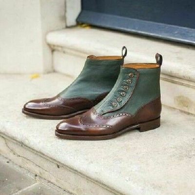 Handmade button boot brown and green leather boots, ankle high boots for men - Thumbnail 5