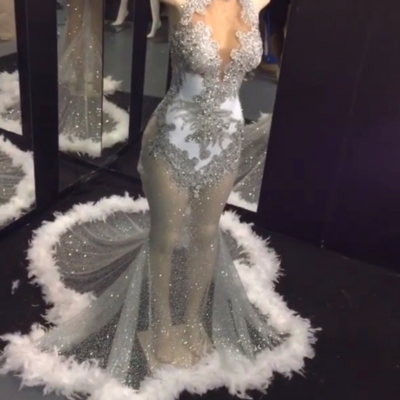 Halter keyhole neck glitter silver sequins prom dresses long evening dresses - Thumbnail 4