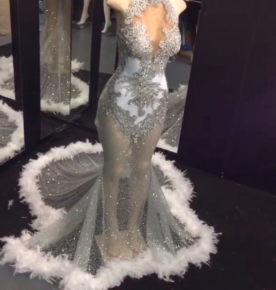 Halter Keyhole Neck Glitter Silver Sequins Prom Dresses Long Evening Dresses