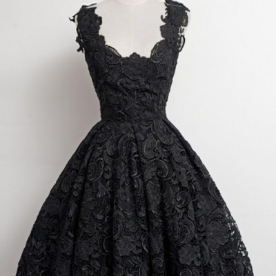 Vintage a-line knee-length black lace prom homecoming dress - Thumbnail 3