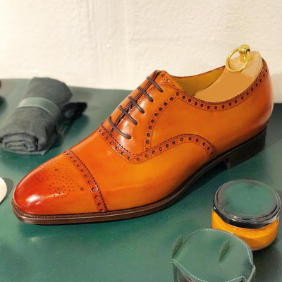 Handmade men’s tan color leather shoes, men cap toe dress formal lace up shoes