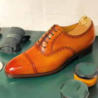 Handmade Men’s Tan Color Leather Shoes, Men Cap Toe Dress Formal Lace Up Shoes - Thumbnail 4