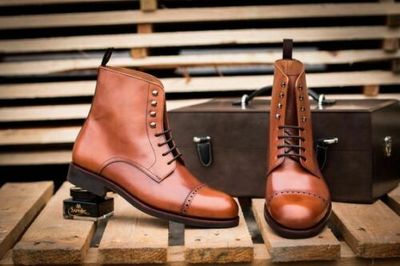 New Men Handmade Brown Leather Cap Toe & Brogue Ankle High lace Up Boots