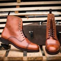 New Men Handmade Brown Leather Cap Toe & Brogue Ankle High lace Up Boots - Thumbnail 4