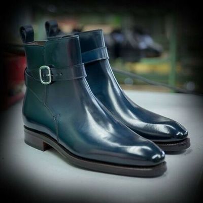 New handmade men jodhpurs style real leather blue ankle boots, men leather boots - Thumbnail 5