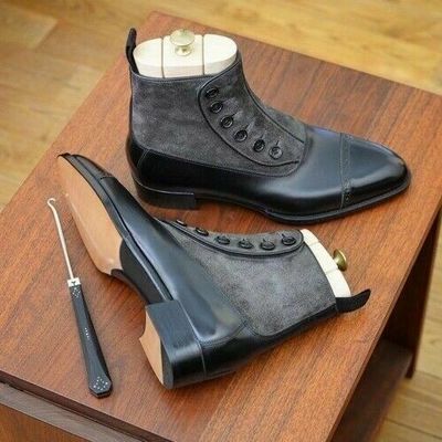 Handmade men two tone leather & suede button boot, black & gray ankle high boots - Thumbnail 5