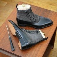 Handmade Men Two Tone Leather & Suede Button Boot, Black & Gray Ankle High Boots - Thumbnail 1