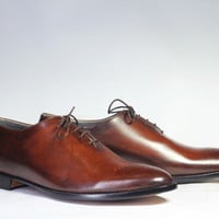 Handmade Brown Brogue Toe Lace Up Leather Shoes For Men's - Thumbnail 2