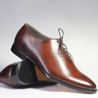 Handmade Brown Brogue Toe Lace Up Leather Shoes For Men's - Thumbnail 3