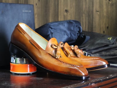 Handmade Brown Tussle Leather Loafers Shoes For Men's