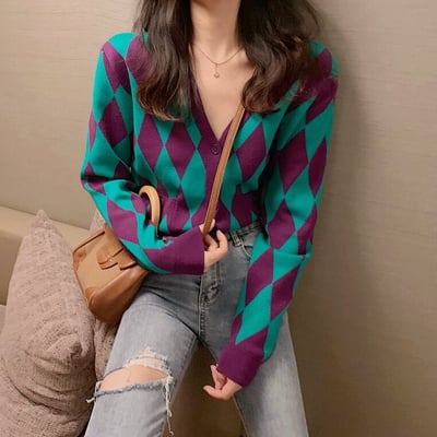 Diamond Color Block Knit Cardigan