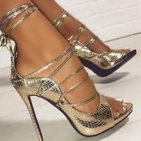 Snakeskin Lace-Up Thin Heeled Sandals F6852 - Thumbnail 1