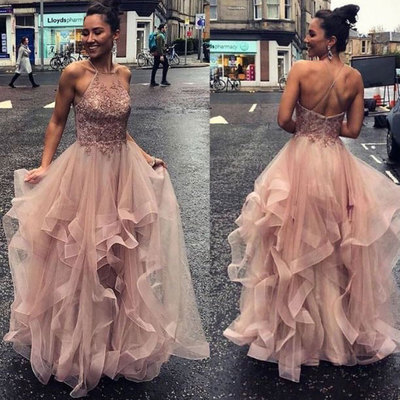 Halter criss cross prom dresses with appliques - Thumbnail 4