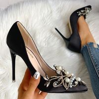 Womens Boots Black Faux Pearl Pointed Toe Stiletto Heels F8682 - Thumbnail 1