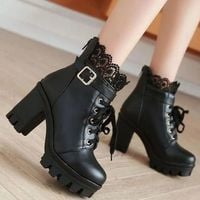 Ankle Boots Shoes Super Heeled Chunky Heel Lace Up Martin Boots F6852 - Thumbnail 1