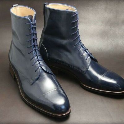 New handmade men's ankle high cap toe blue leather lace up combat boots - Thumbnail 4