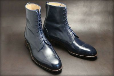 New Handmade Men's Ankle High Cap Toe Blue Leather Lace Up Combat Boots