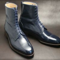 New Handmade Men's Ankle High Cap Toe Blue Leather Lace Up Combat Boots - Thumbnail 4