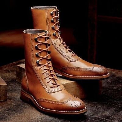 Handmade new tan brown high ankle rounded wingtip genuine leather lace up boots - Thumbnail 5