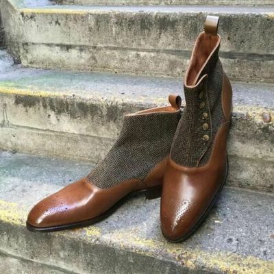 New brown and grey color genuine leather and tweed high ankle buttons boots - Thumbnail 5