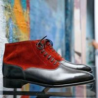 Men's Handmade Ankle High Leather Suede Boots, Black Maroon Leather Formal Boots - Thumbnail 1
